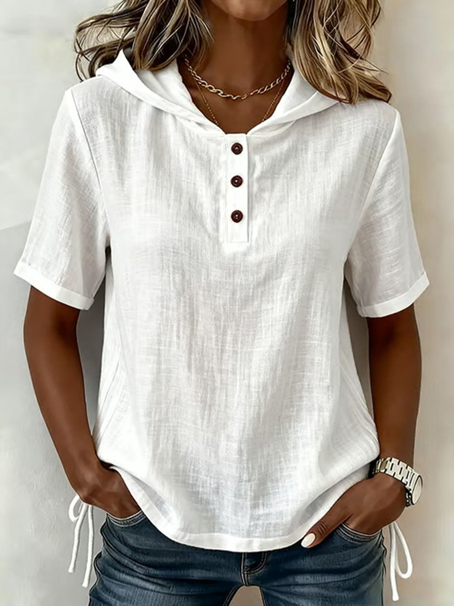 Aevrixa - Dames top met capuchon, vloeiende stof, korte mouwen, knopen, open kraag, casual stijl