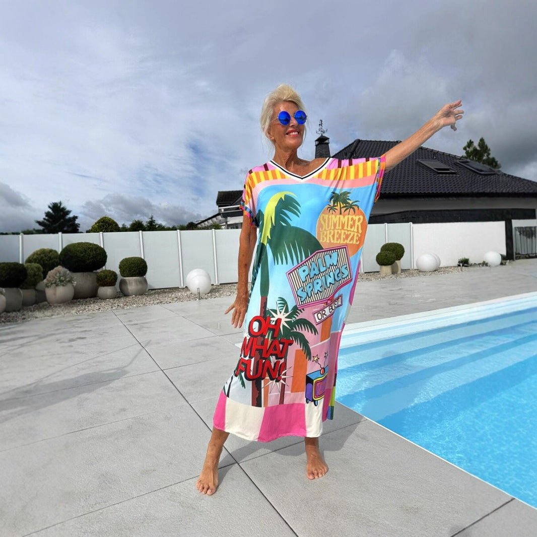 Cerelina - Dames zomerjurk met korte mouw en v-hals en print