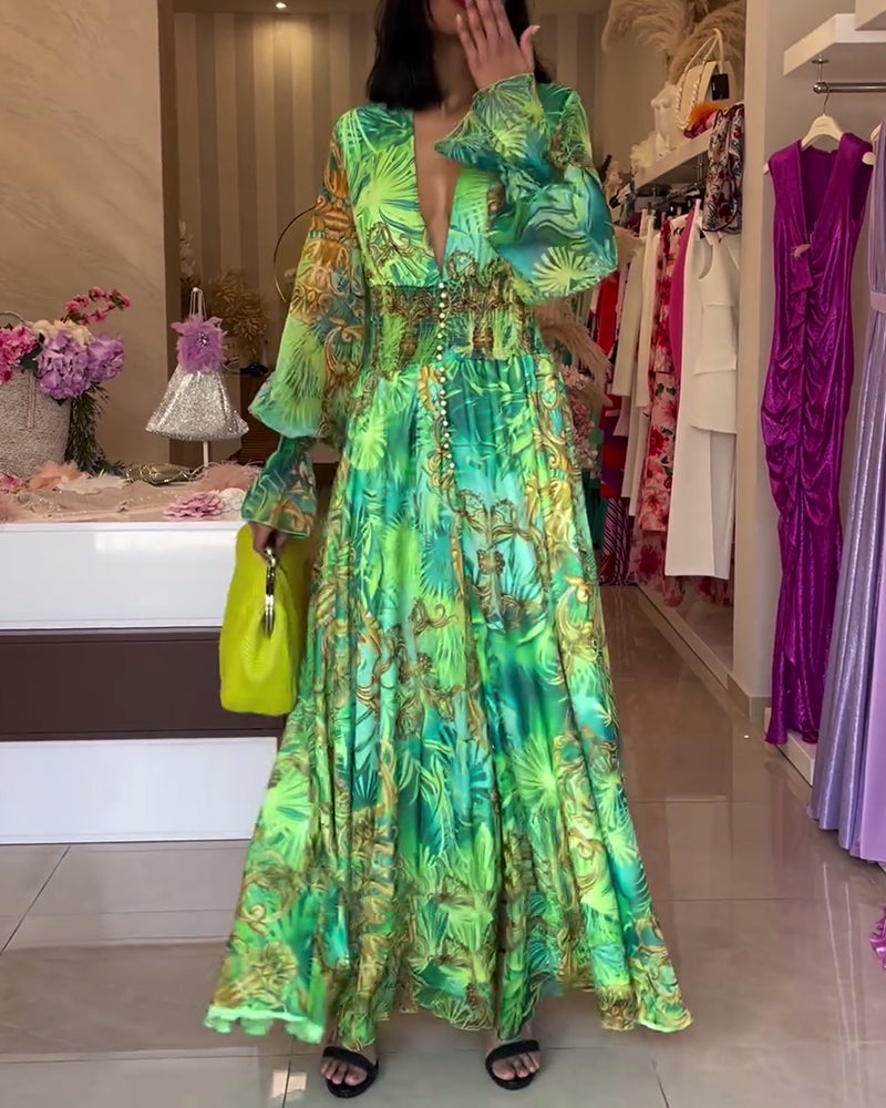 Aceline - Elegante Bedrukte Maxi Dress met Empire Taille