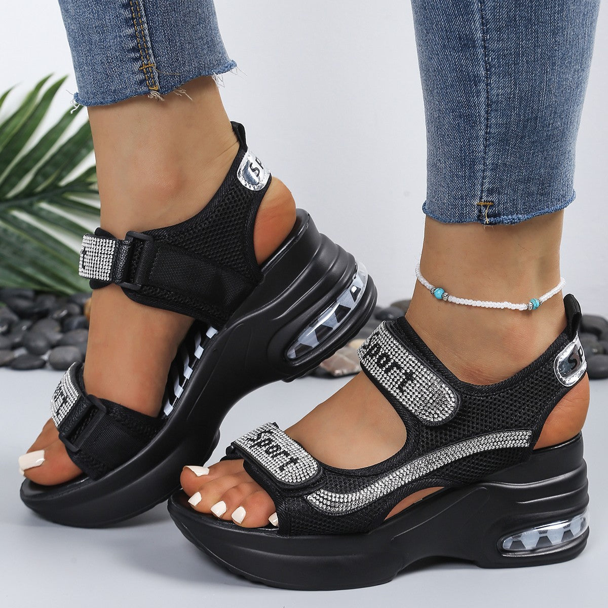 Calyvra - Dames sandalen platform strass velcro luchtzool sport