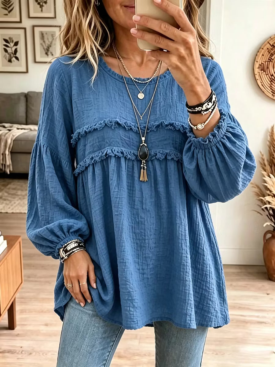Noëlie - Vrouwelijke babydoll tuniek met volant en ballonmouwen