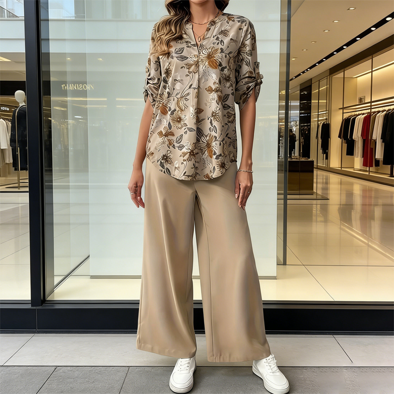 Cynellea - Dames set met bloemenblouse en chique luchtige broek voor dagelijks gebruik