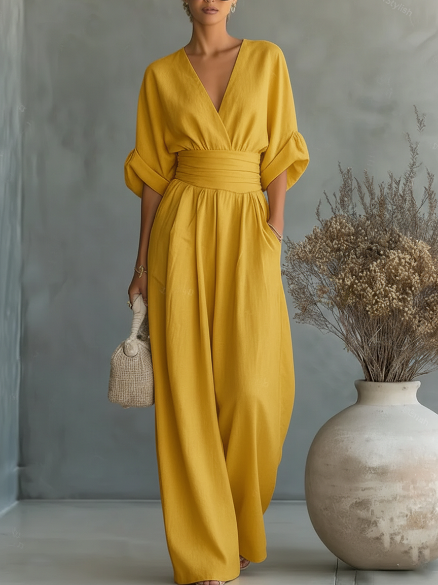 Helyrae - Dames Jumpsuit Met V-Hals Gedefinieerde Taille Elegante Vloeiende Pasvorm