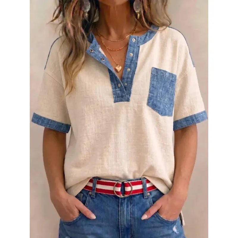 Tivellea - Dames top van katoen met V-hals en denim details