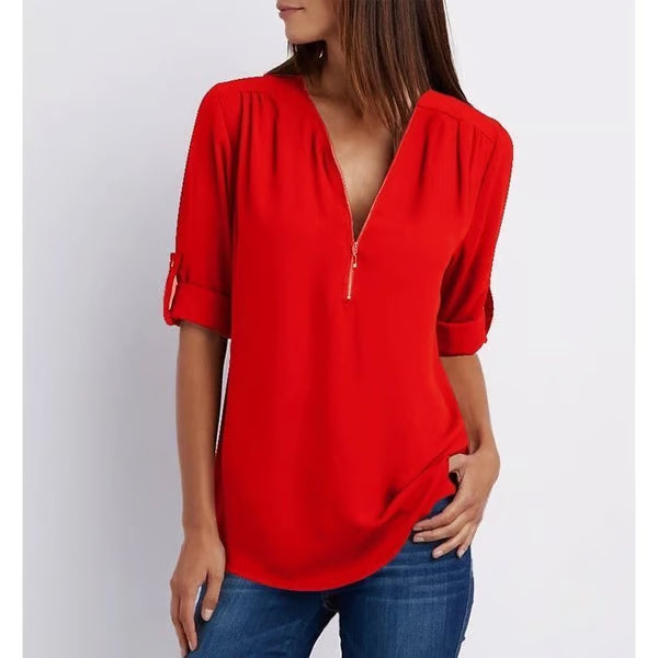 Quelina - 3/4 Mouw Losse Rits Blouse