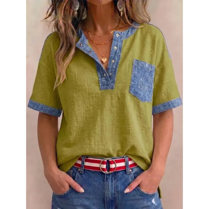 Tivellea - Dames top van katoen met V-hals en denim details