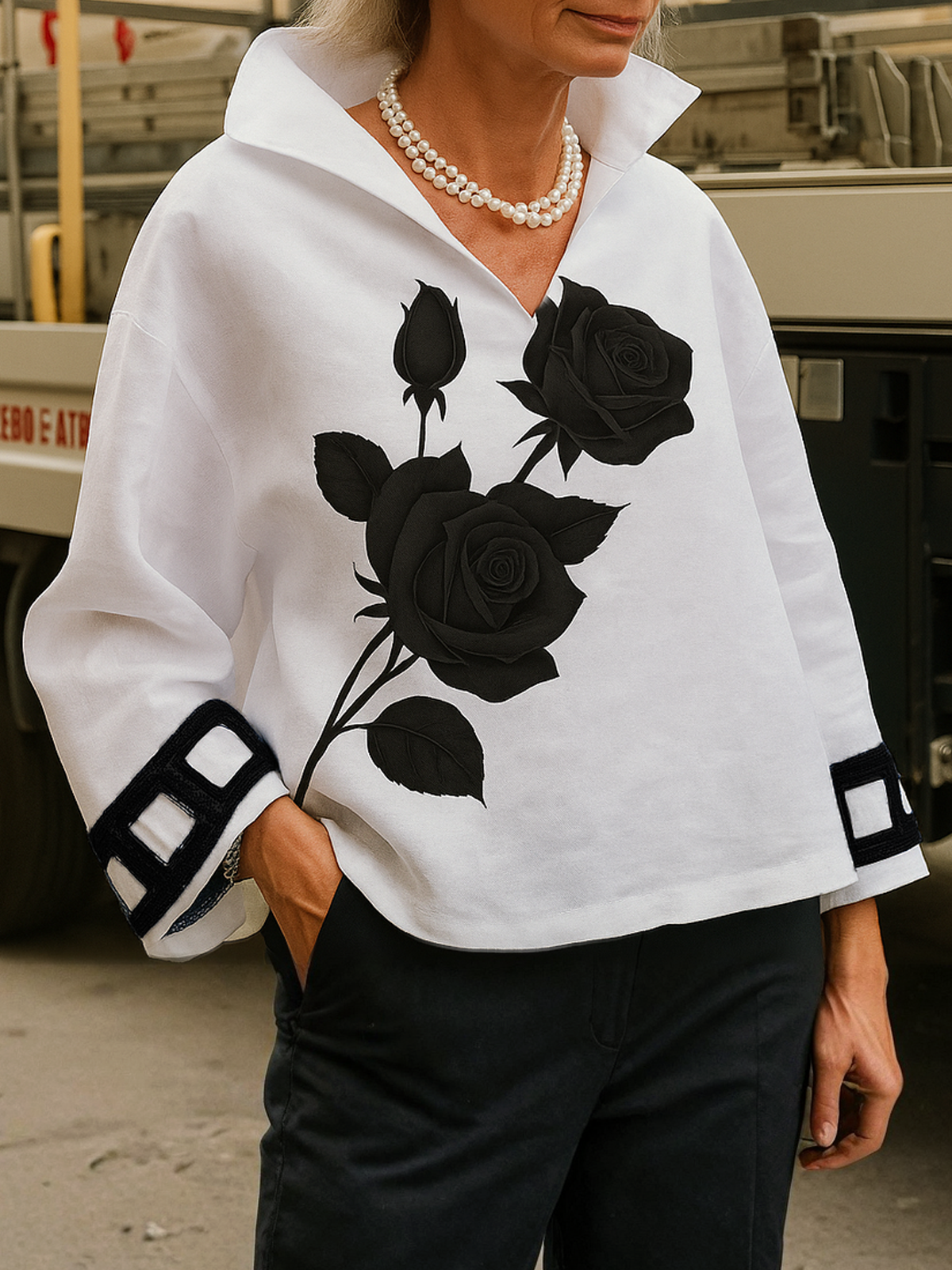 Ozyelle - Elegante damesblouse met roze zwarte print en open kraag, wijde mouwen