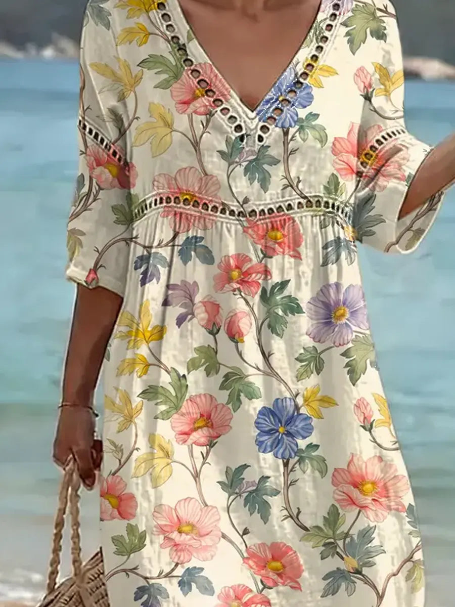 Althea - Midi jurk voor dames van katoen-linnen met bloemenprint