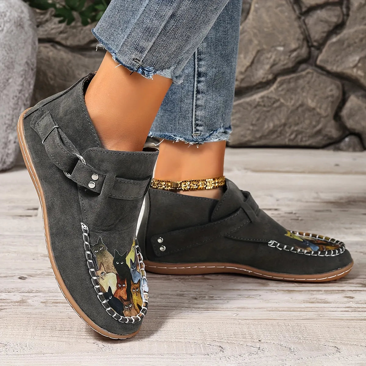 Annefleur - Dames instap mocassins met kattenprint
