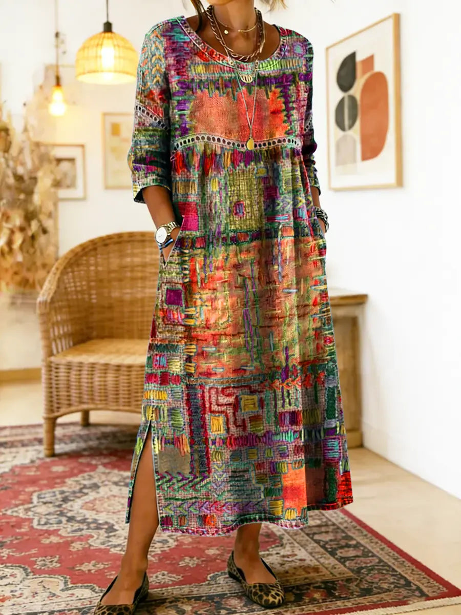 Lunethra - Robe Denim Patchwork Etnisch Dames