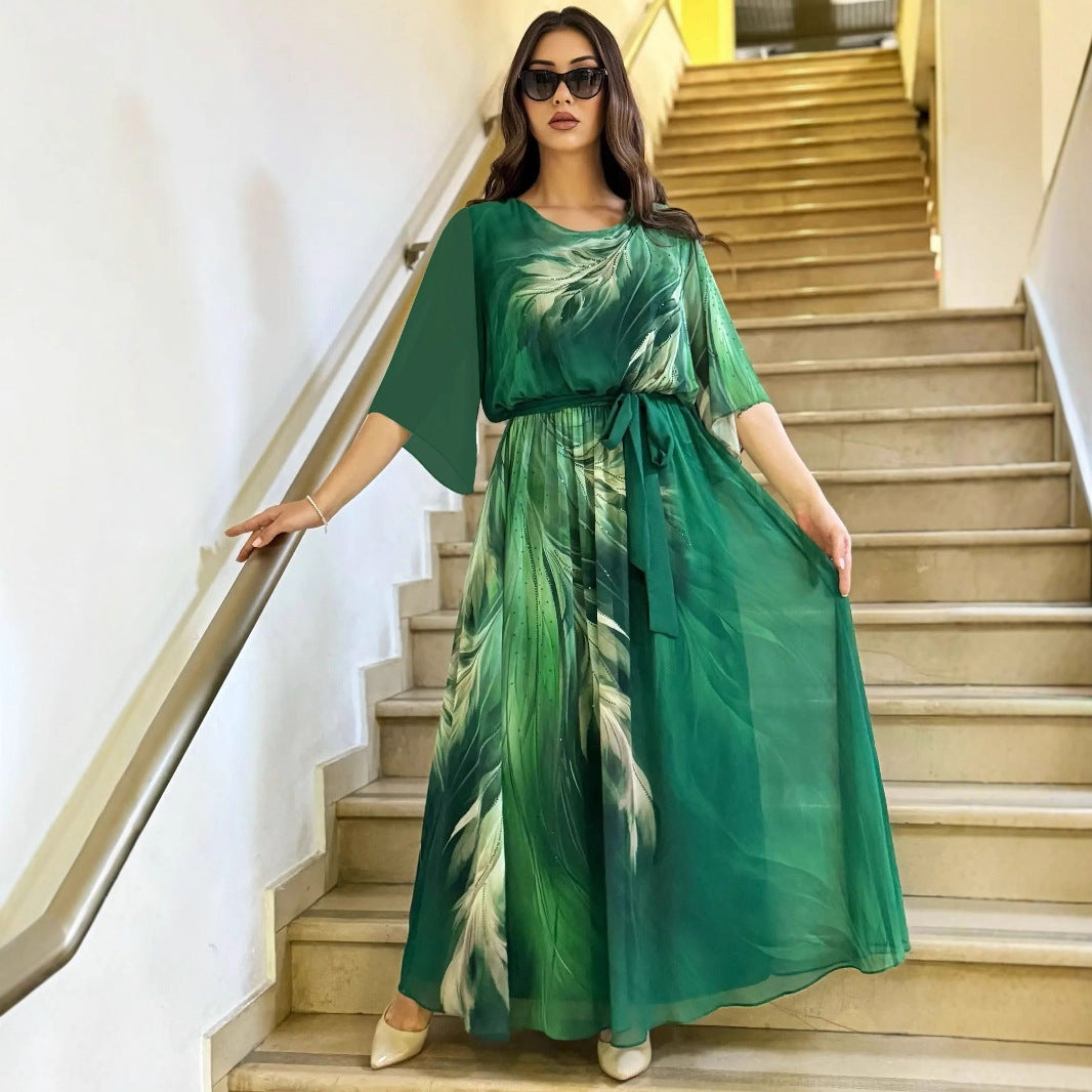 Orythessa - Elegante maxi jurk van luchtige chiffon in groene print