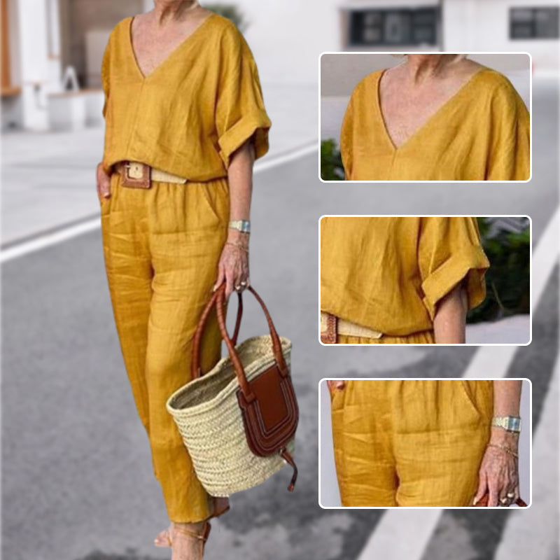 Loxaria - V-hals dames set met broek en zakken in casual stijl