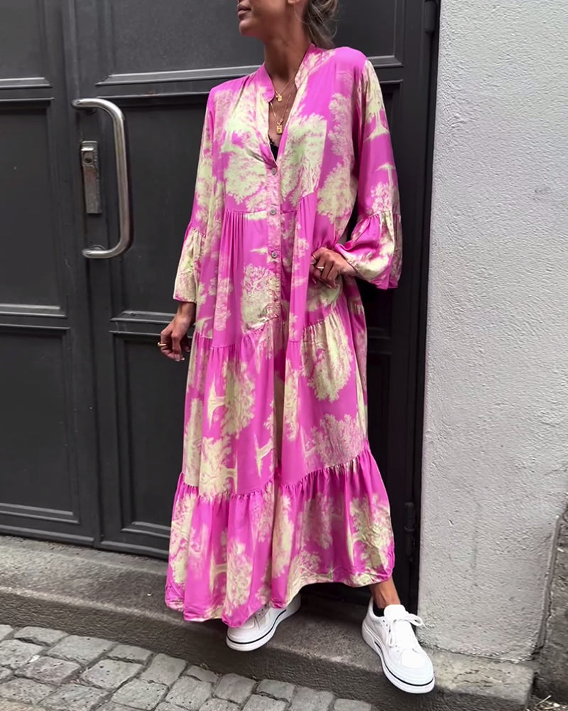 Greta - Losvallende Patchworkjurk met V-hals en Klokmouwen met Print