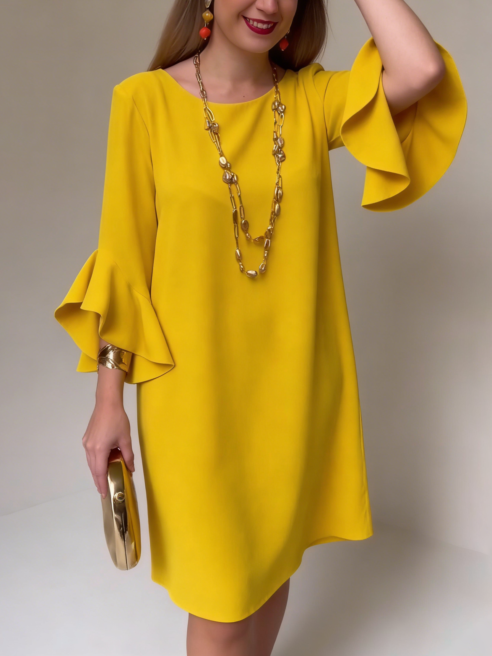 Eryza - Vrouwelijke Vloeiende Jurk met Volants Mouwen Comfortabele Snit Elegante Stijl