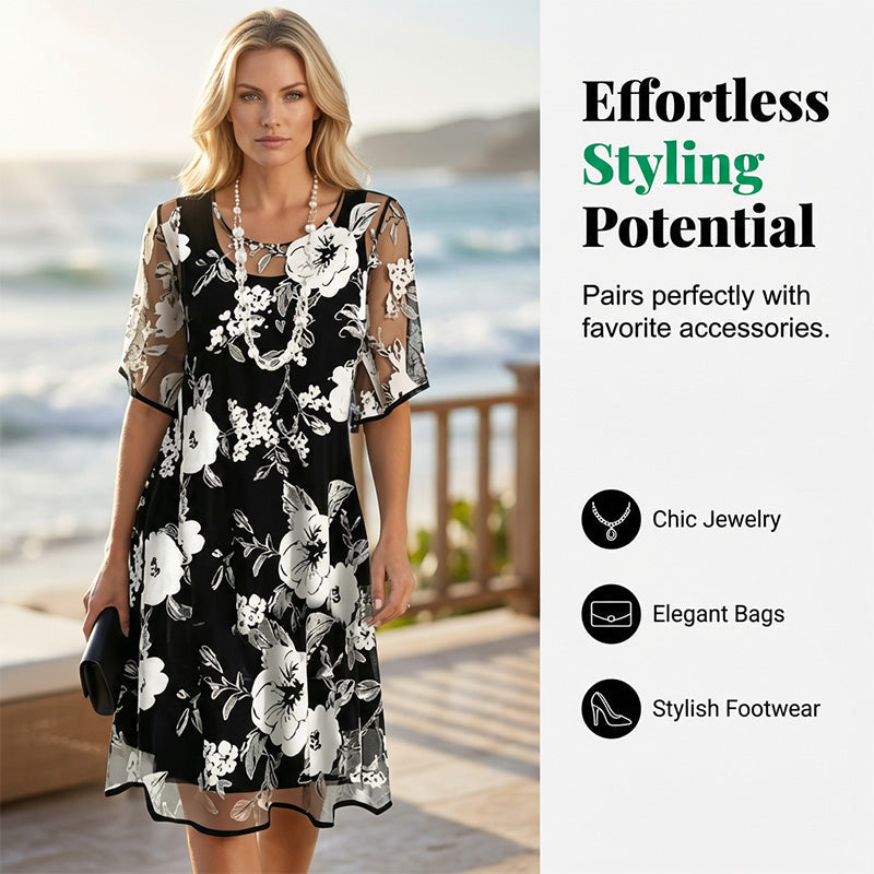 Loryxa - Elegante dames chiffon jurk met bloemenprint, vloeiende avondjurk