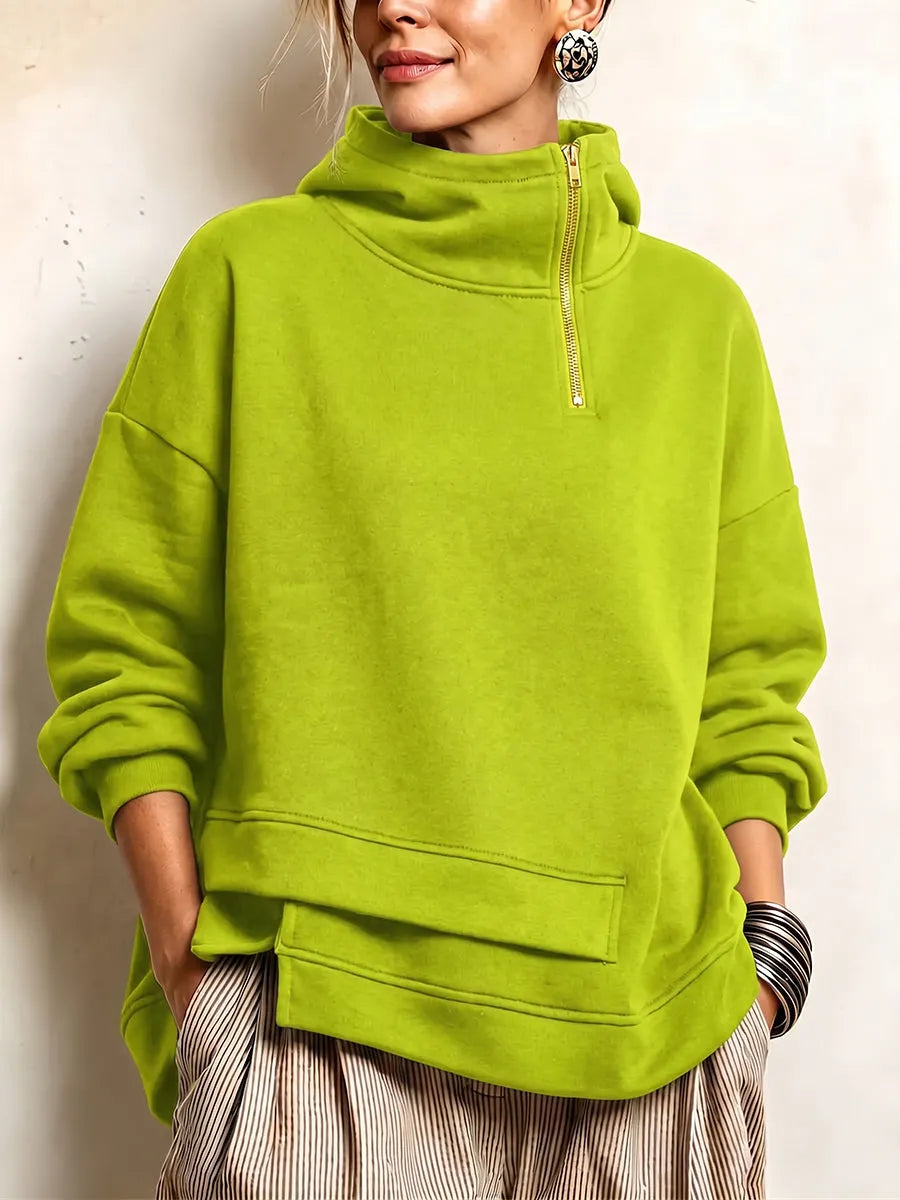 Janine - Dames sweat met hoge kraag, rits en asymmetrische zoom