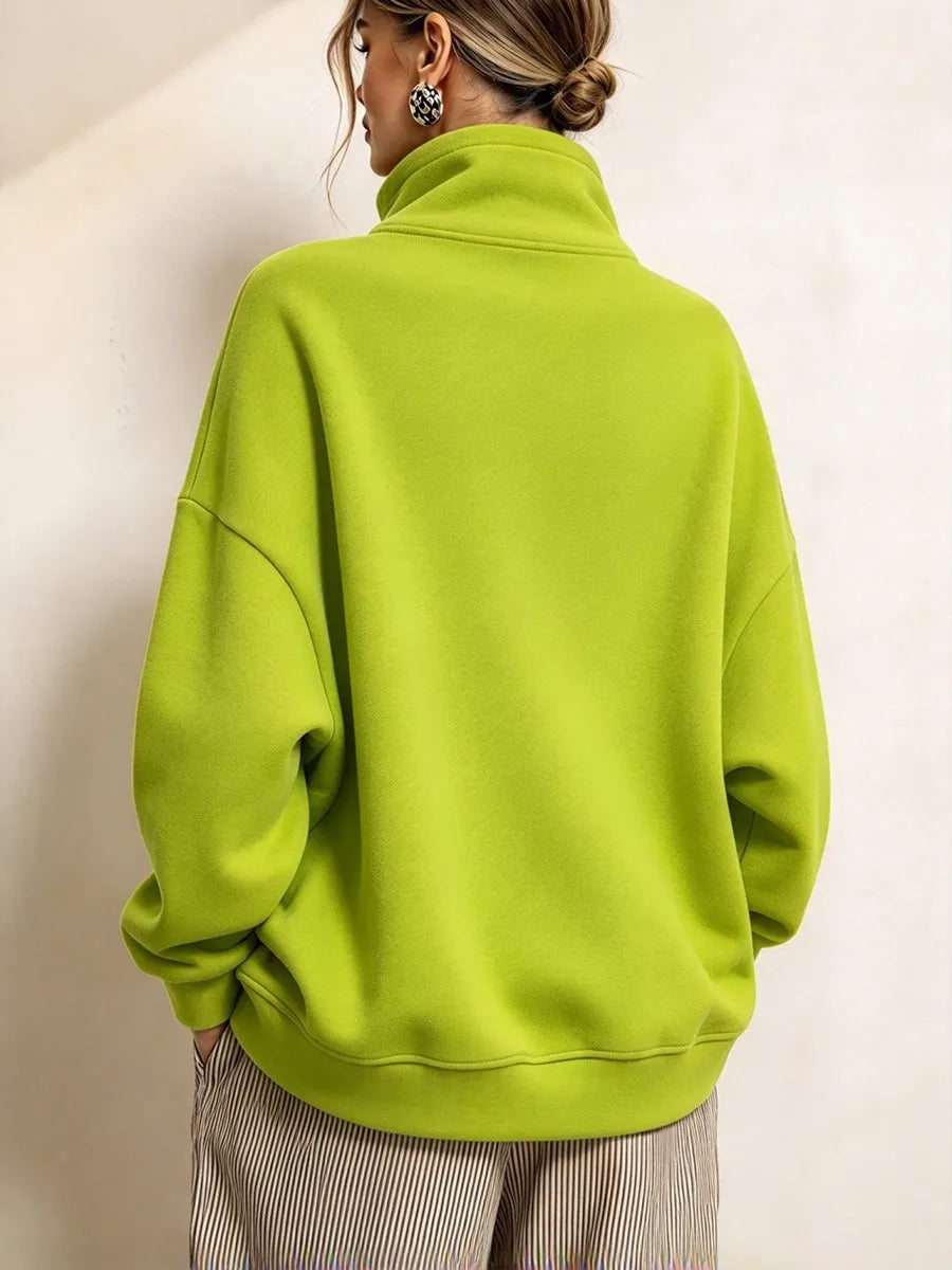 Janine - Dames sweat met hoge kraag, rits en asymmetrische zoom