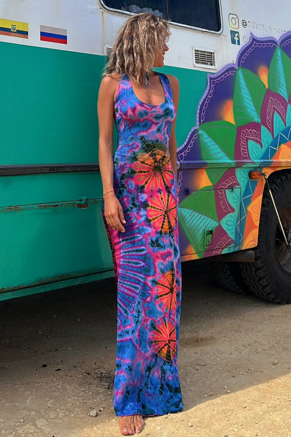 Junaria - Maxi-jurk met tie-dye print, vetersluiting op de rug, stretch (met ingebouwde bh)