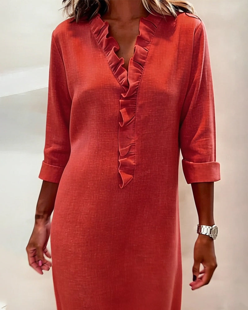Ophivyn - V-hals jurk voor dames met volant rechte snit casual stijl