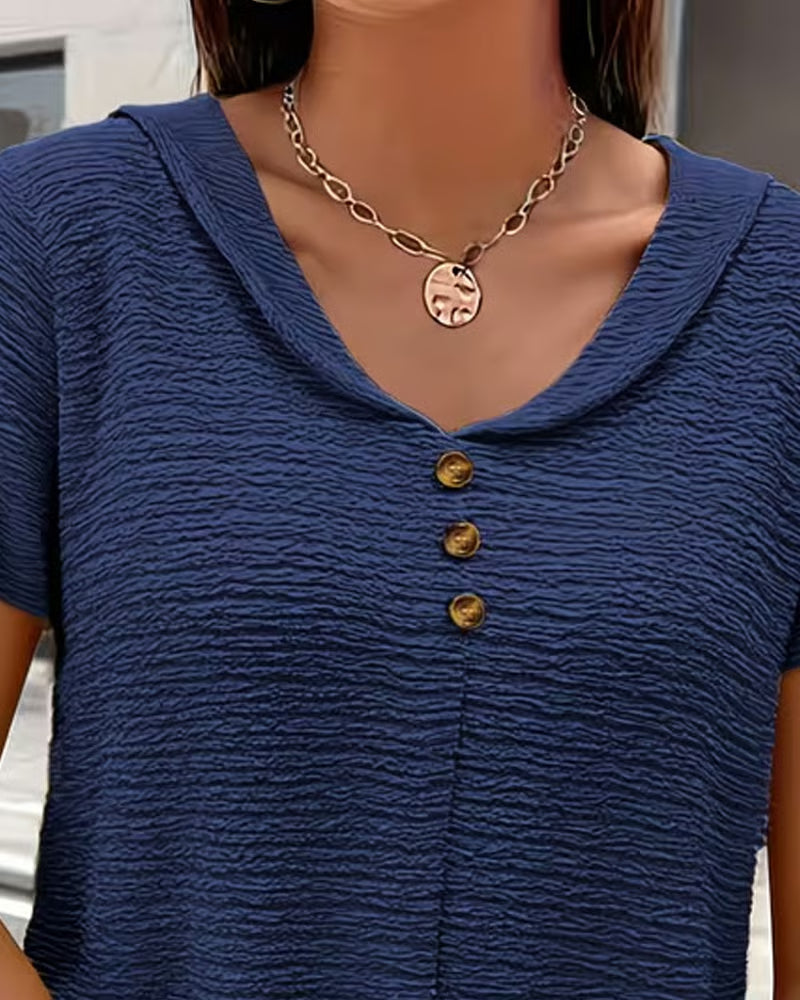 Syzelle - Dames t-shirt met ronde hals textuur korte mouwen elegante decoratieve knopen