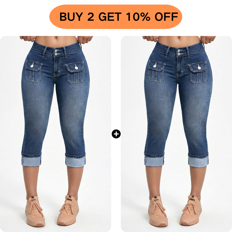 Tovixa - Dames Capri Broek Denim Stretch Aansluitende Pasvorm Midden Hoge Taille