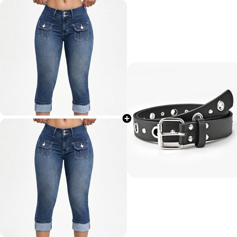 Tovixa - Dames Capri Broek Denim Stretch Aansluitende Pasvorm Midden Hoge Taille