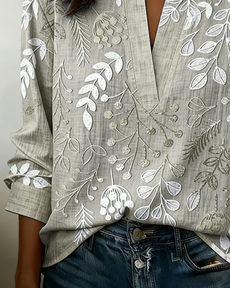 Drynora - Damesblouse met bloemenprint open kraag lange mouwen elegante stijl