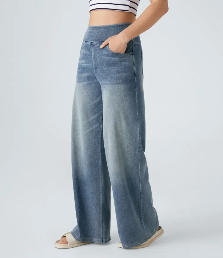 Ruvessa - Dames jeans met hoge taille brede pijpen zeer rekbaar moderne snit
