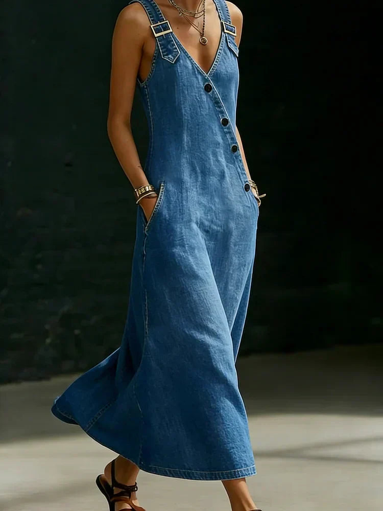 Perenelle - Lange denim jurk voor vrouwen met asymmetrische knopen
