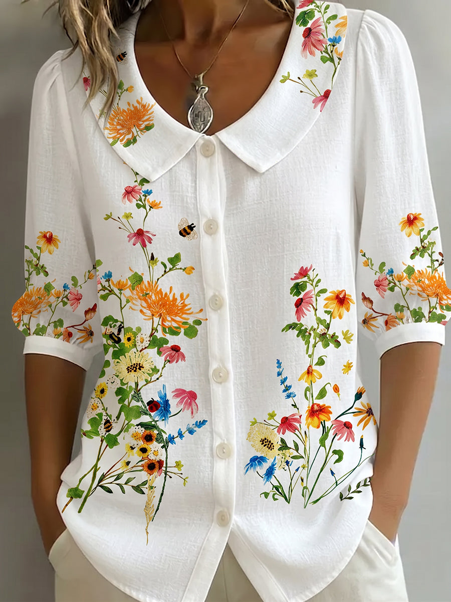 Mavessia - Damesblouse van katoen en linnen met artistieke vintage bloemenprint