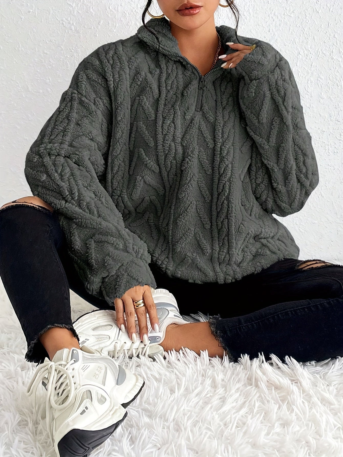 Claudette - Luxe Sweatshirt met Fleece en Kabeltricot