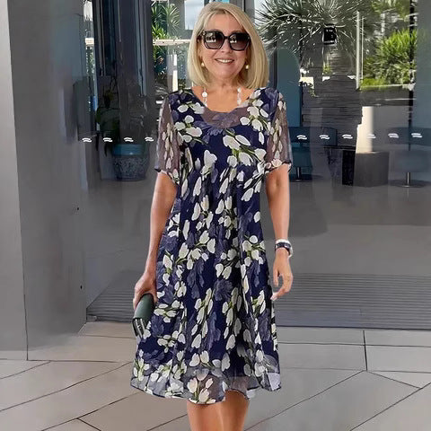 Loryxa - Elegante dames chiffon jurk met bloemenprint, vloeiende avondjurk