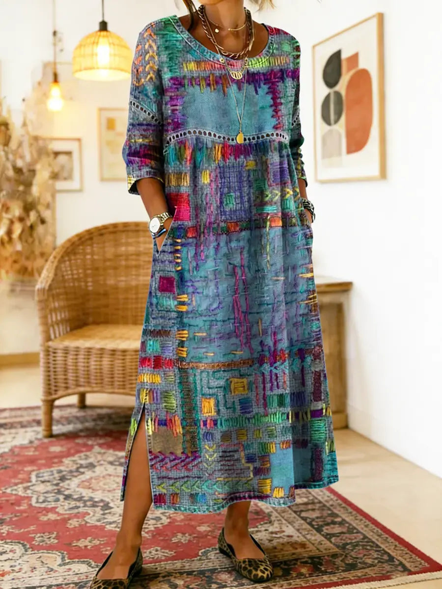 Lunethra - Robe Denim Patchwork Etnisch Dames