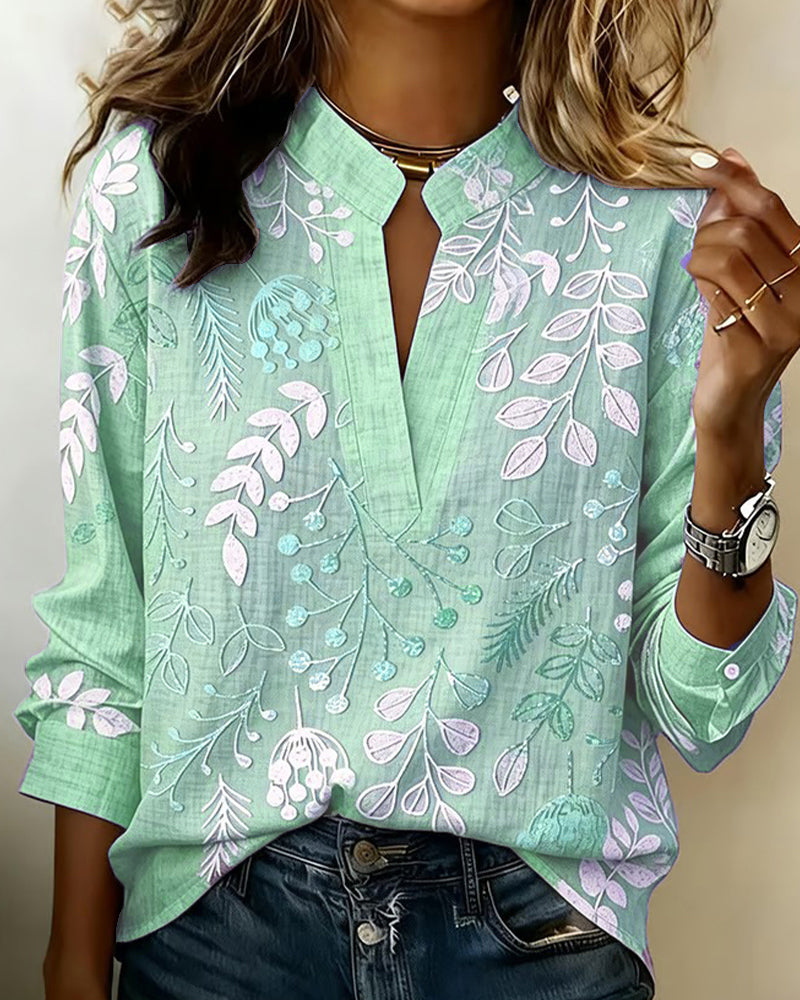 Drynora - Damesblouse met bloemenprint open kraag lange mouwen elegante stijl