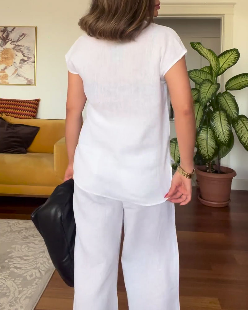 Quinara - Effen casual broek van katoen en linnen