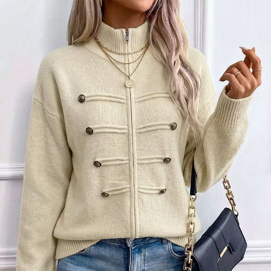 Teuntje - Dames gebreide gilet met hoge, rits en decoratieve knopen