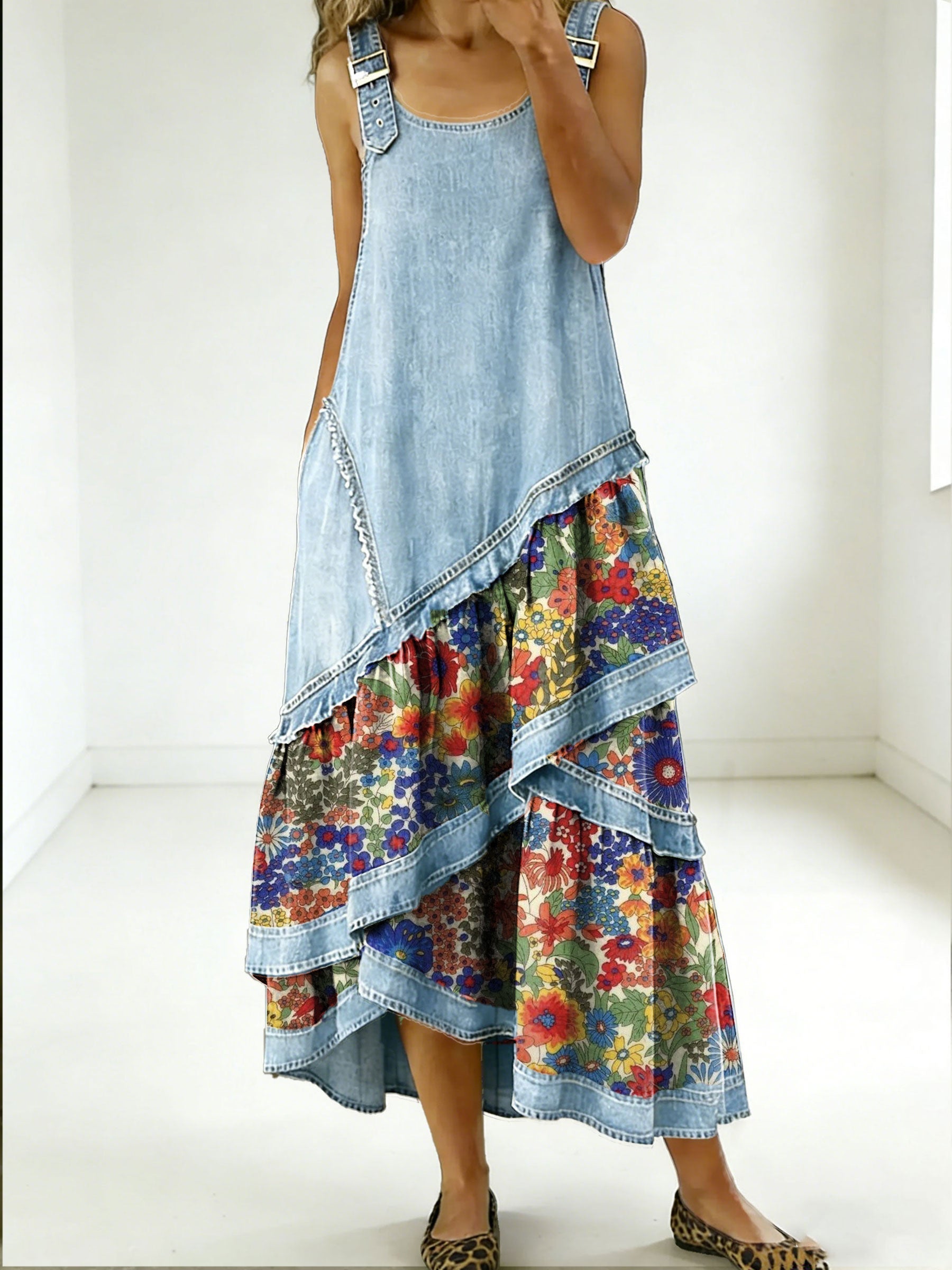 Rovessira - Maxi jurk voor dames met bohemian patchwork in denim en bloemenprint