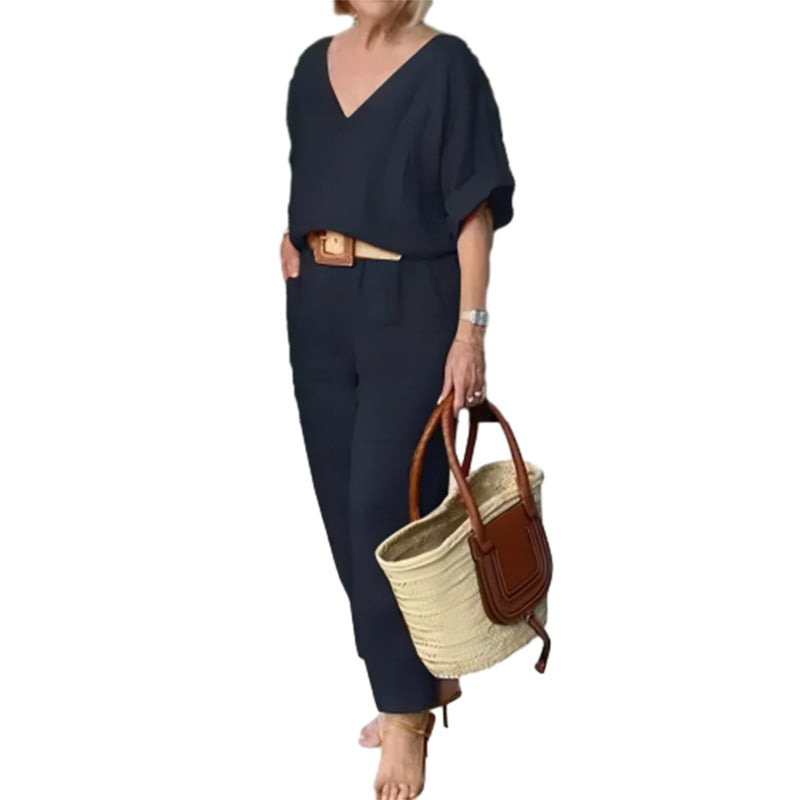 Loxaria - V-hals dames set met broek en zakken in casual stijl