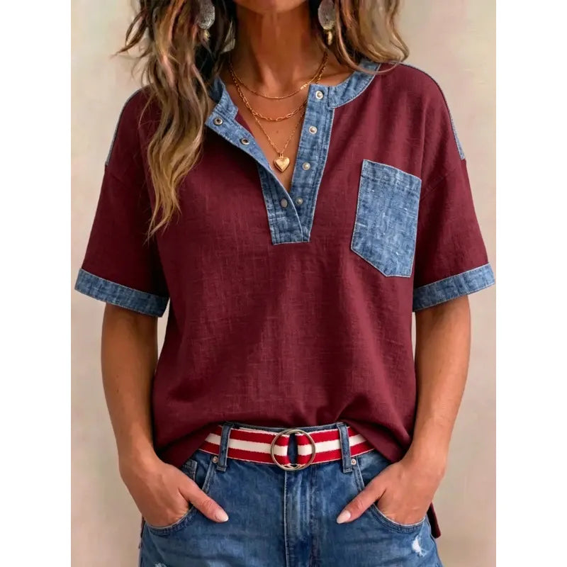 Tivellea - Dames top van katoen met V-hals en denim details