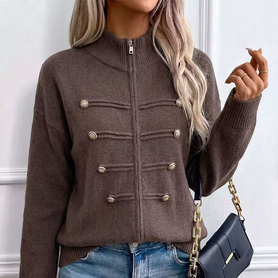 Teuntje - Dames gebreide gilet met hoge, rits en decoratieve knopen