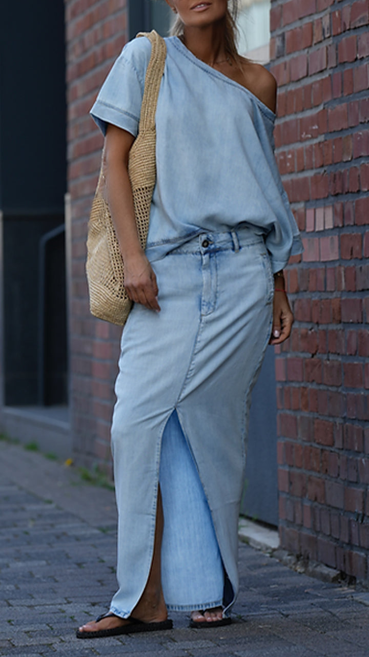 Mireya - Casual damesset in Tencel Denim met ronde halslijn