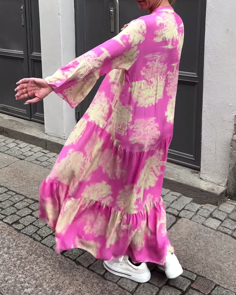Greta - Losvallende Patchworkjurk met V-hals en Klokmouwen met Print