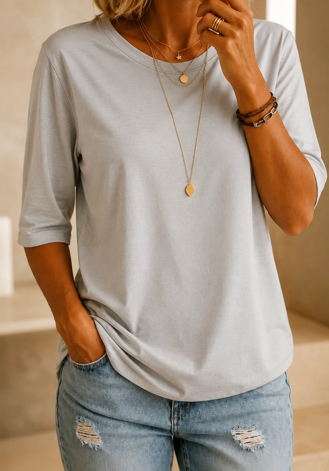 Bérangère - Dames T-shirt met ronde hals en driekwartmouwen