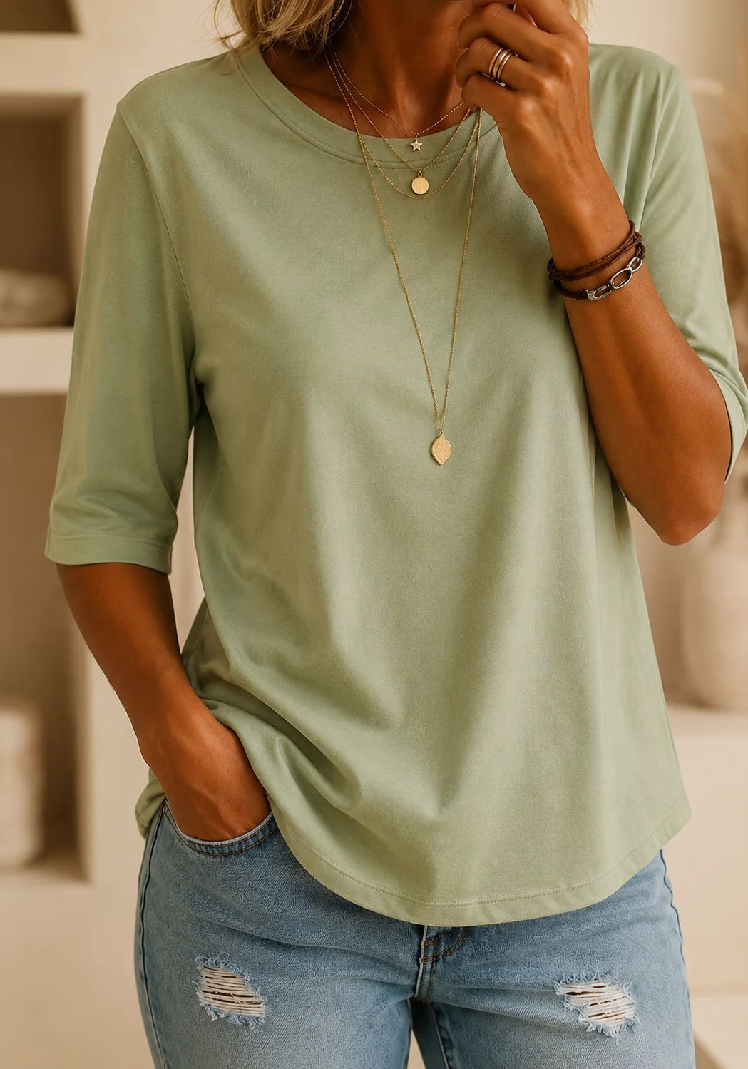 Bérangère - Dames T-shirt met ronde hals en driekwartmouwen