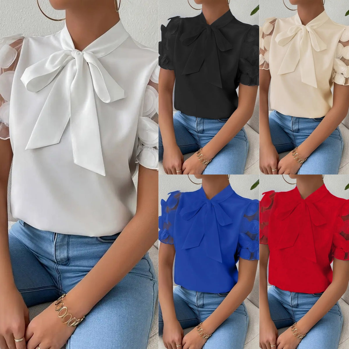 Cirelle - Effen kanten zomerblouse met strik en korte mouwen
