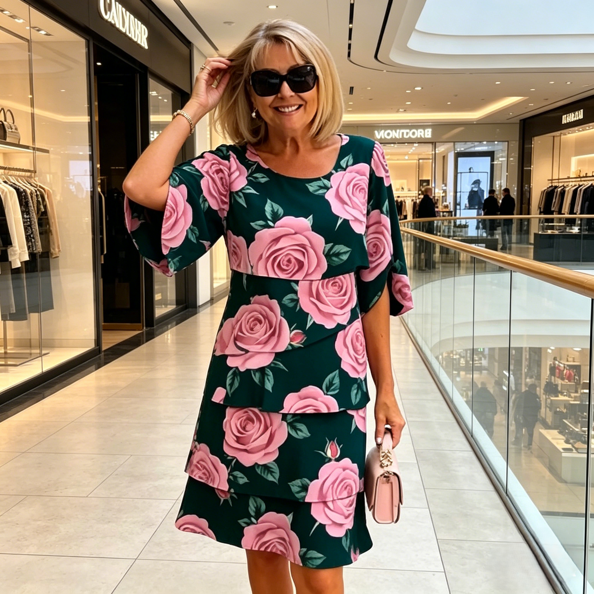 Qyvelle - Vrouwenjurk met Bloemenprint, Ruime Pasvorm, Vloeiende Mouwen, Elegante Stijl