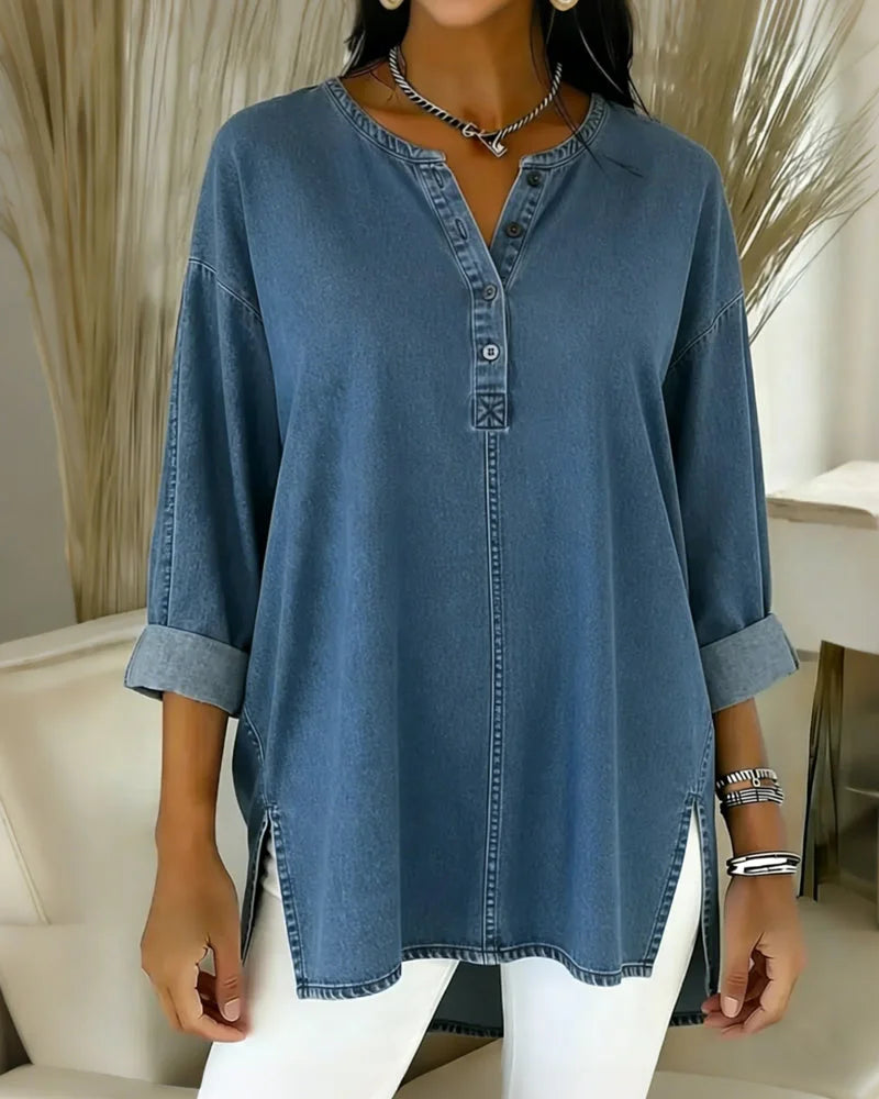 Heliravessa - Casual Denim Top met Knopen en V-hals