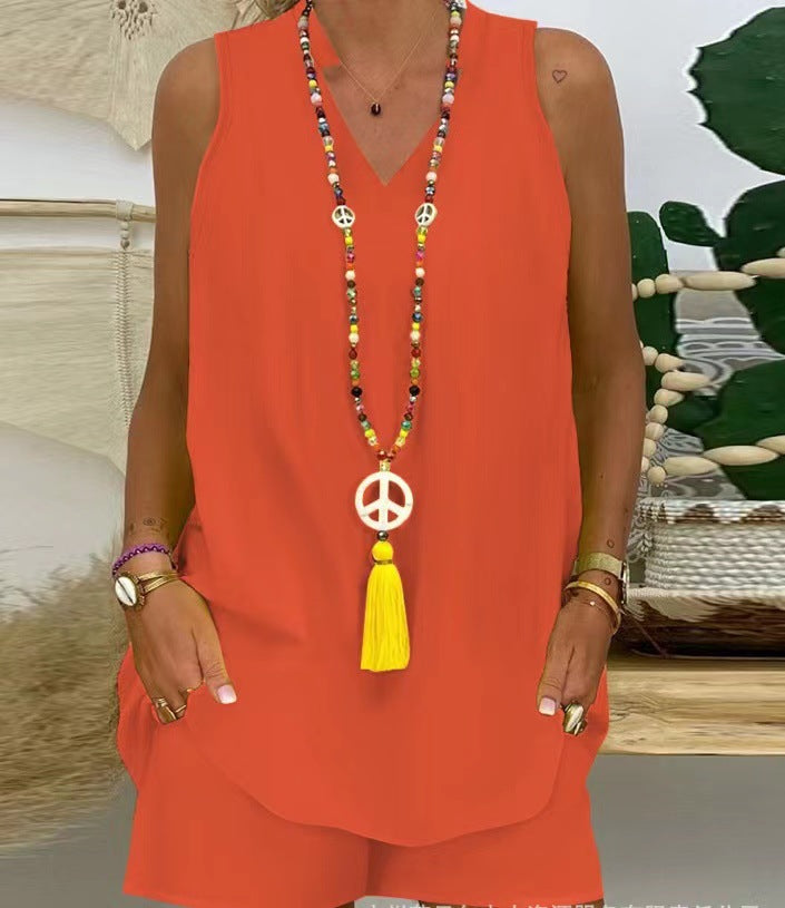 Thessaly - Mouwloze casual damesset met hoge hals voor een elegante zomerstijl