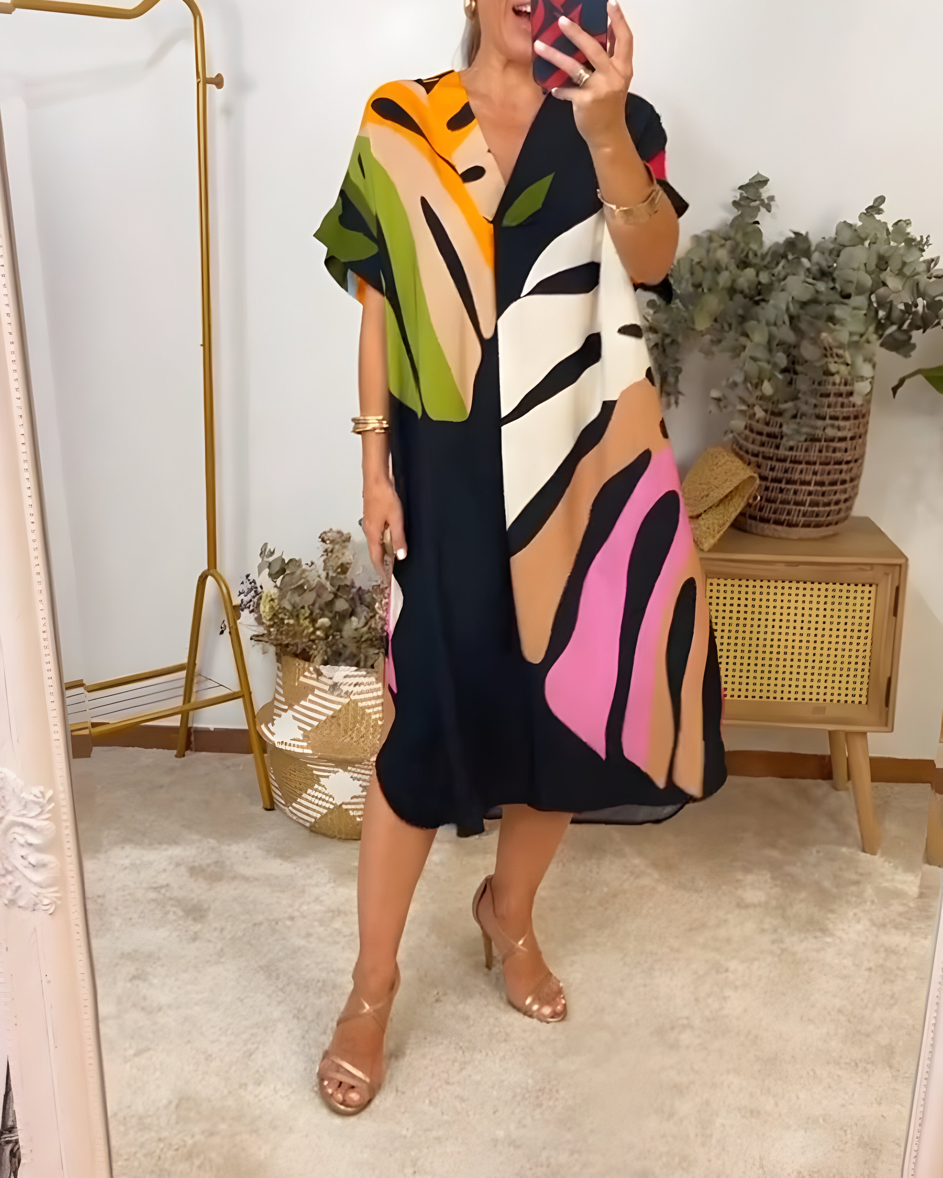 Nerissa - Casual jurk met kleurrijke bladprint voor een frisse en natuurlijke stijl