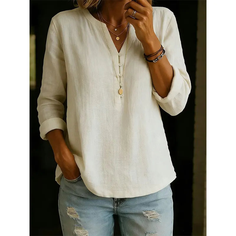 Vaelis - Vrouwelijke losse blouse met V-hals en knopen